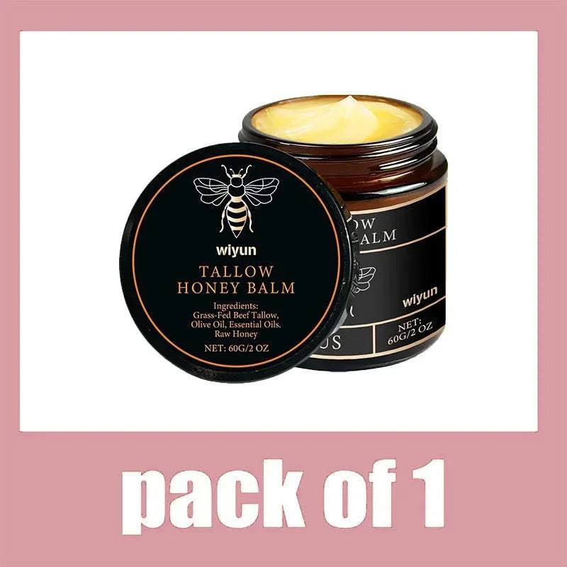 Nomilora Beef Tallow Honey Balm in a jar, featuring moisturizing ingredients and unisex use.