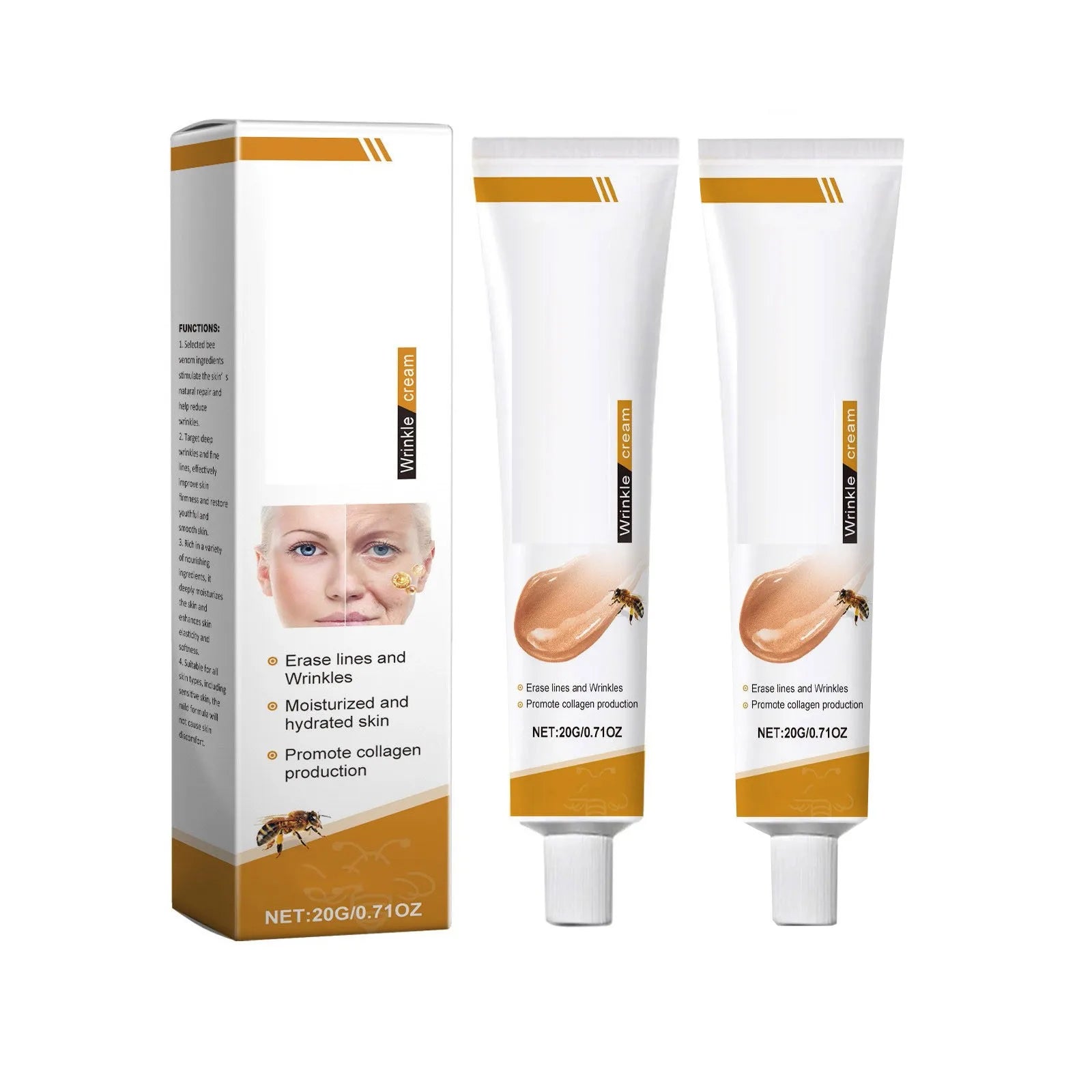 Nomilora Facial Care Cream packaging and product tubes designed for moisturizing and wrinkle reduction.