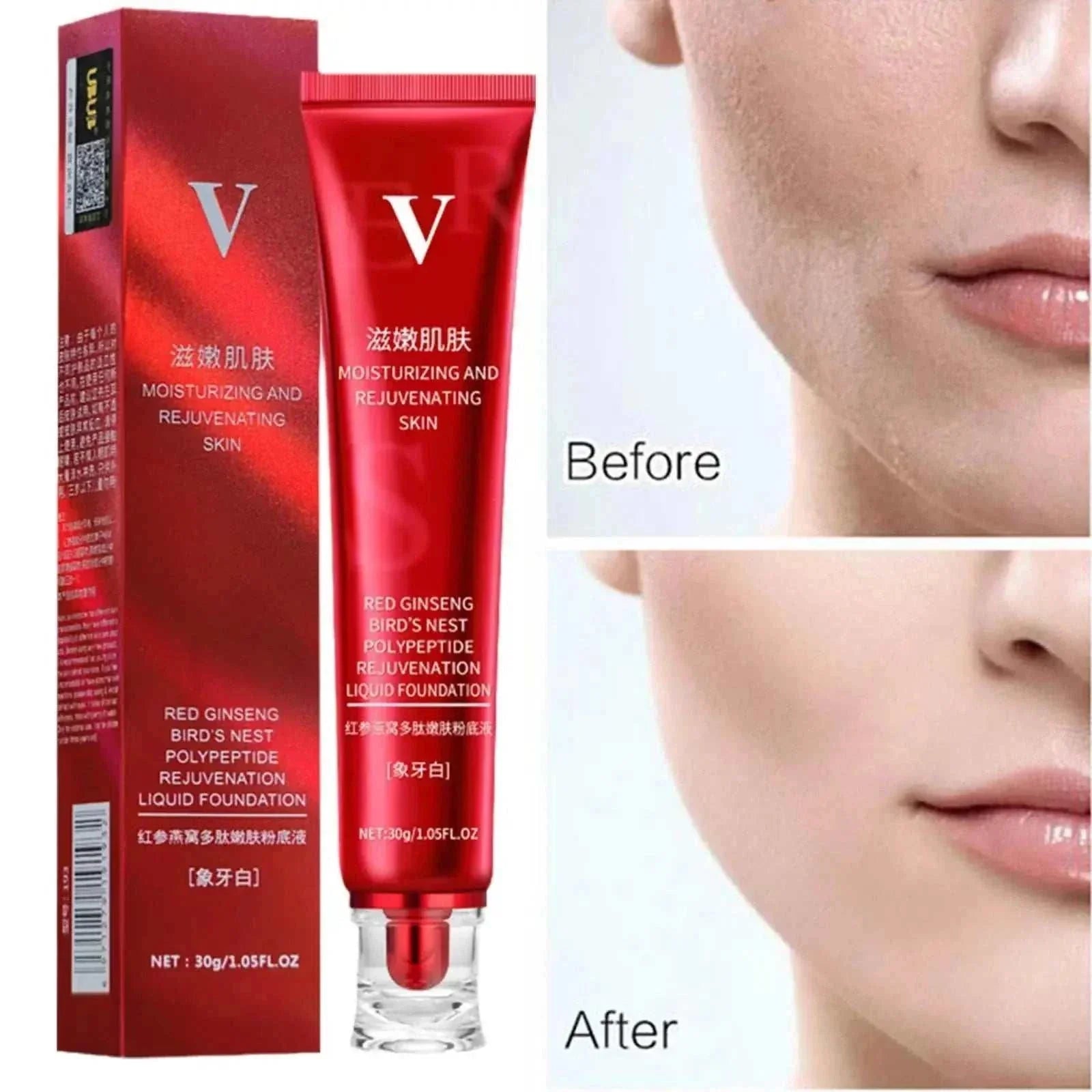 Nomilora FV Foundation moisturizing rejuvenating liquid cream with red ginseng for smooth skin before and after comparison