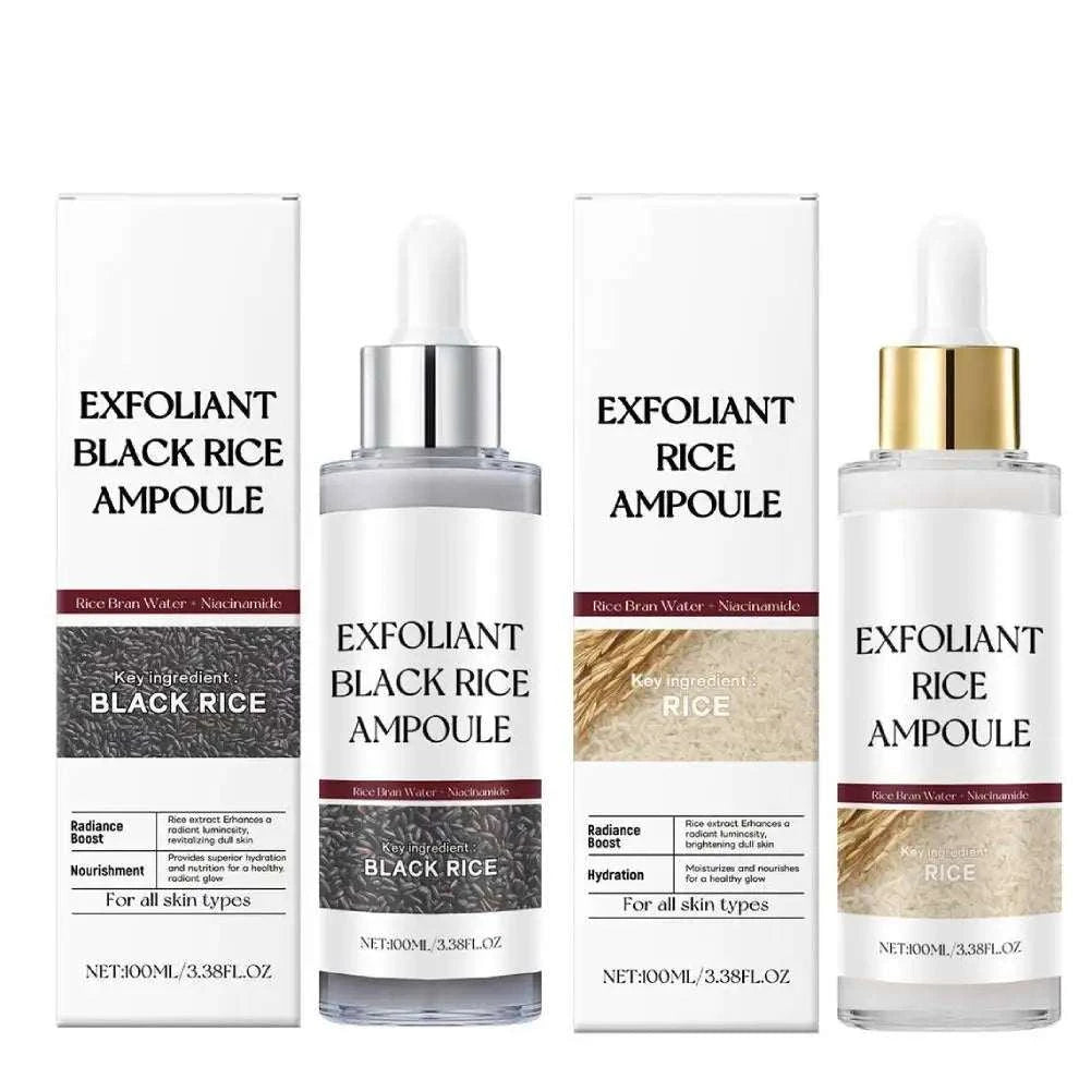 Nomilora Rice Shot™ exfoliant black rice and rice ampoule bottles with packaging, moisturizing toner for hydration and skin nourishment