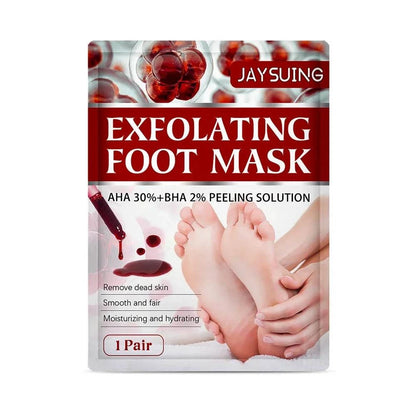 Nomilora Exfoliating Foot Mask for smooth and fair feet, featuring AHA and BHA peeling solution in a single-use pack.