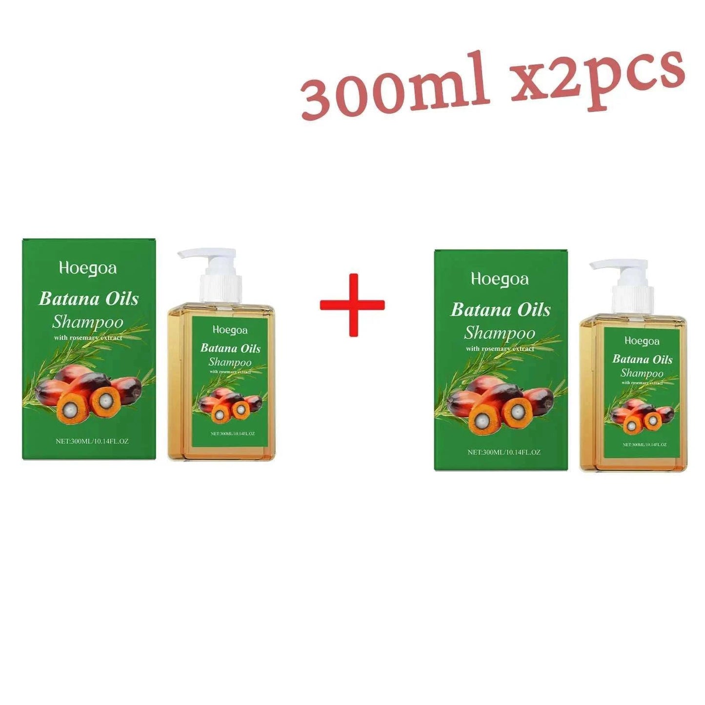 Hoegoa Batana Oil Shampoo 300ml bottle with natural plant extracts for hair growth and moisturizing, 2-pack combo