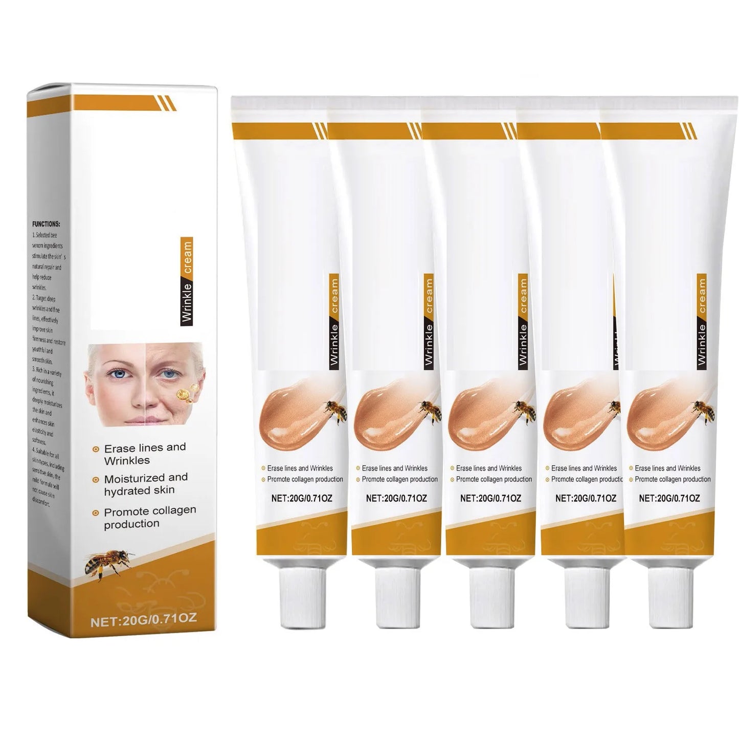 Nomilora Facial Care Cream packaging and tubes for erasing lines and wrinkles, moisturizing, and collagen production.