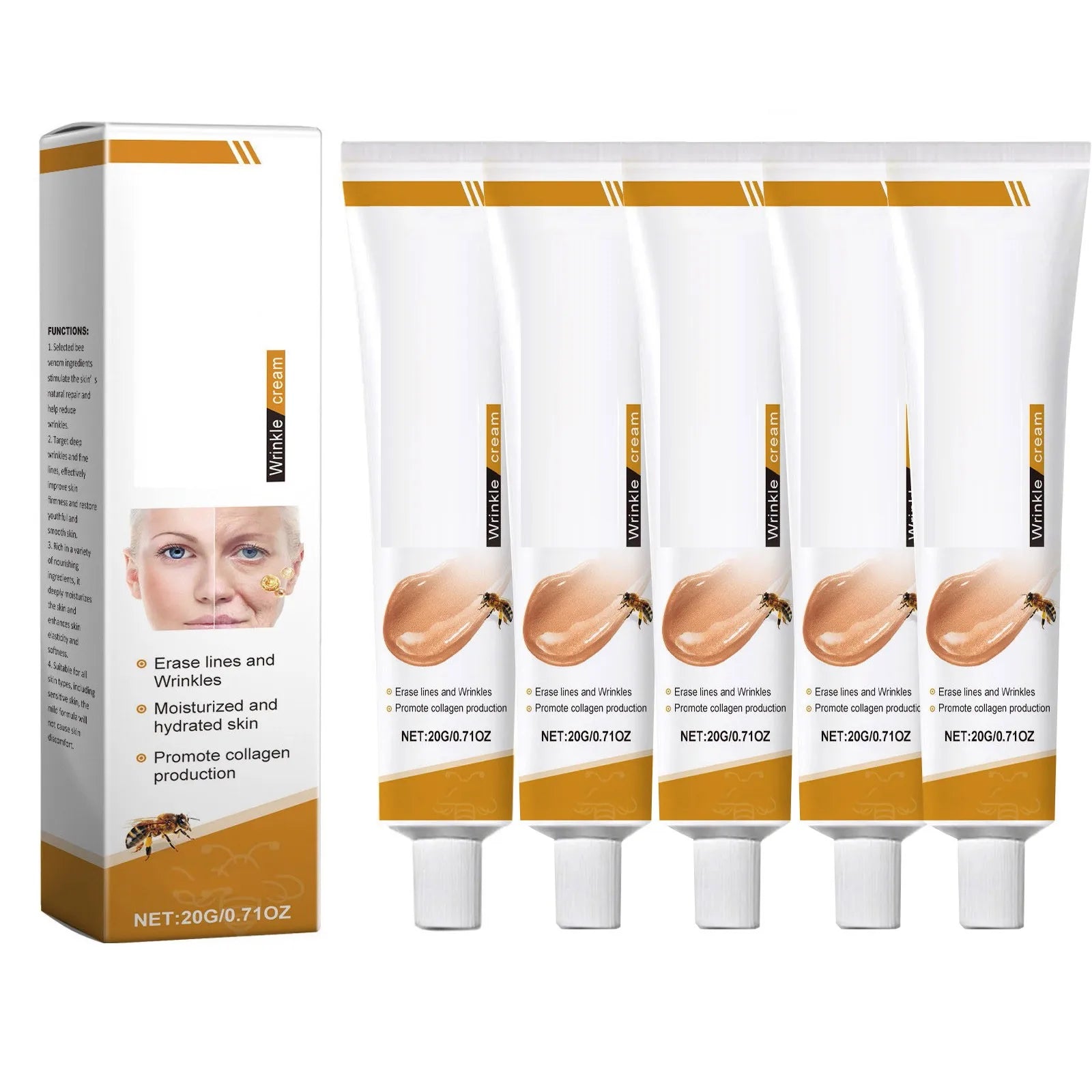 Nomilora Facial Care Cream packaging and tubes for erasing lines and wrinkles, moisturizing, and collagen production.