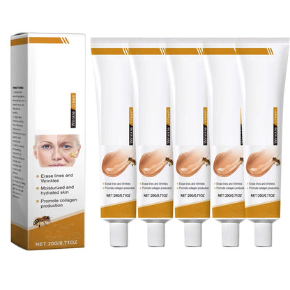 Nomilora Facial Care Cream packaging and tubes for erasing lines and wrinkles, moisturizing, and collagen production.