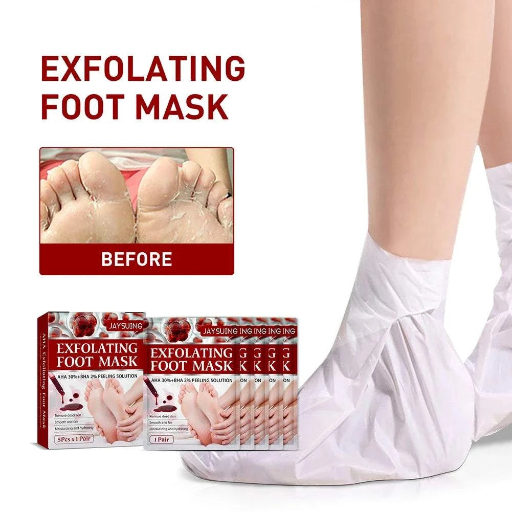 Nomilora Exfoliating Foot Mask applied to feet for skin exfoliation, showing before and after use.