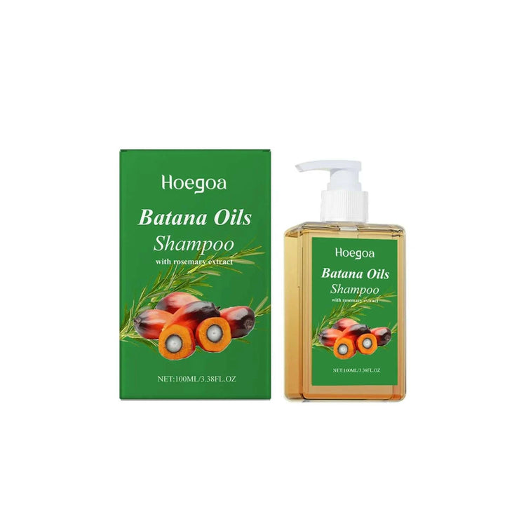 Nomilora Batana Oil Shampoo by Hoegoa with natural ingredients in 100ml packaging for hair care.