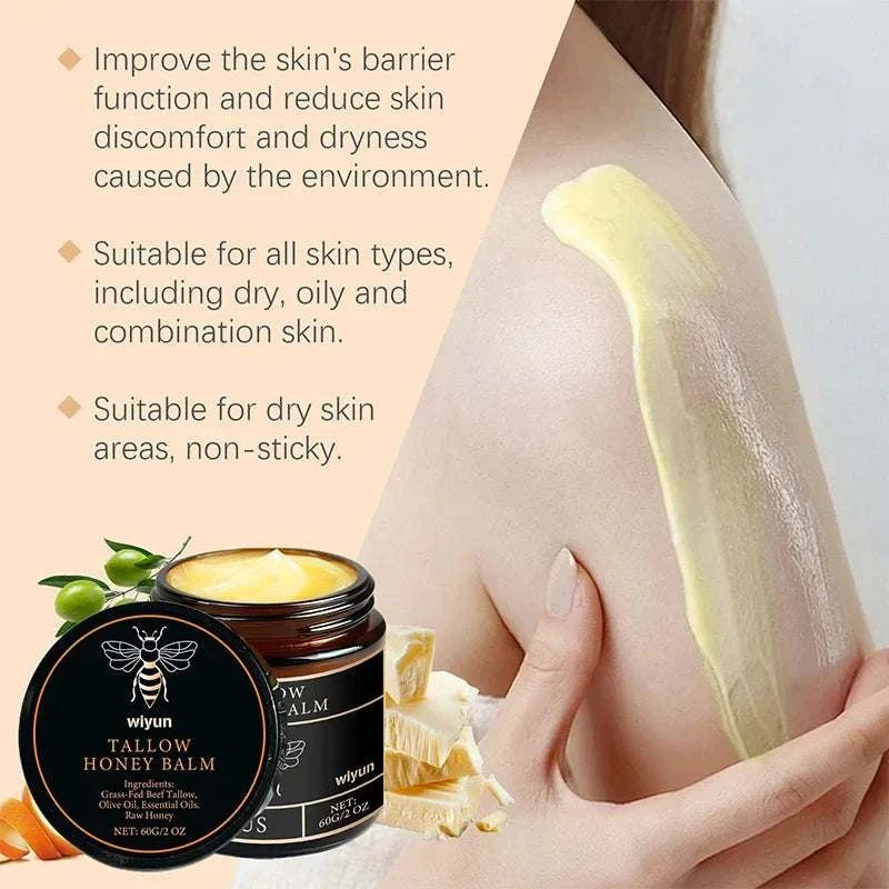 Nomilora Beef Tallow Honey Balm improves skin barrier function and moisturizes all skin types.