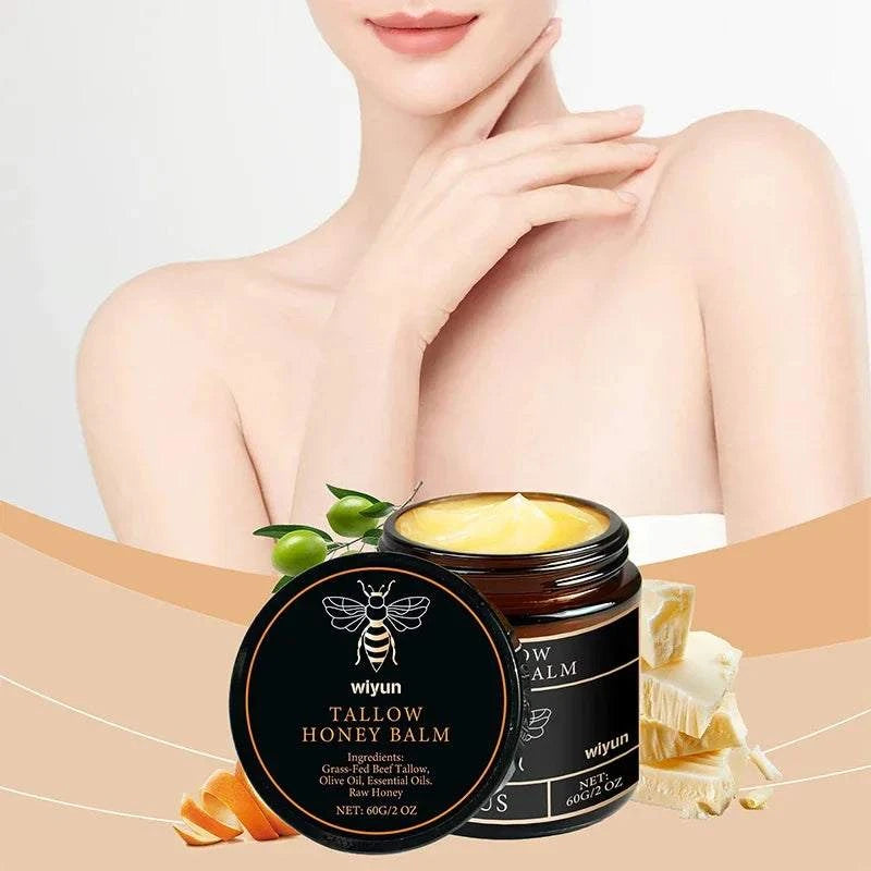 Nomilora Beef Tallow Honey Balm in a jar with ingredients, perfect for moisturizing the face.