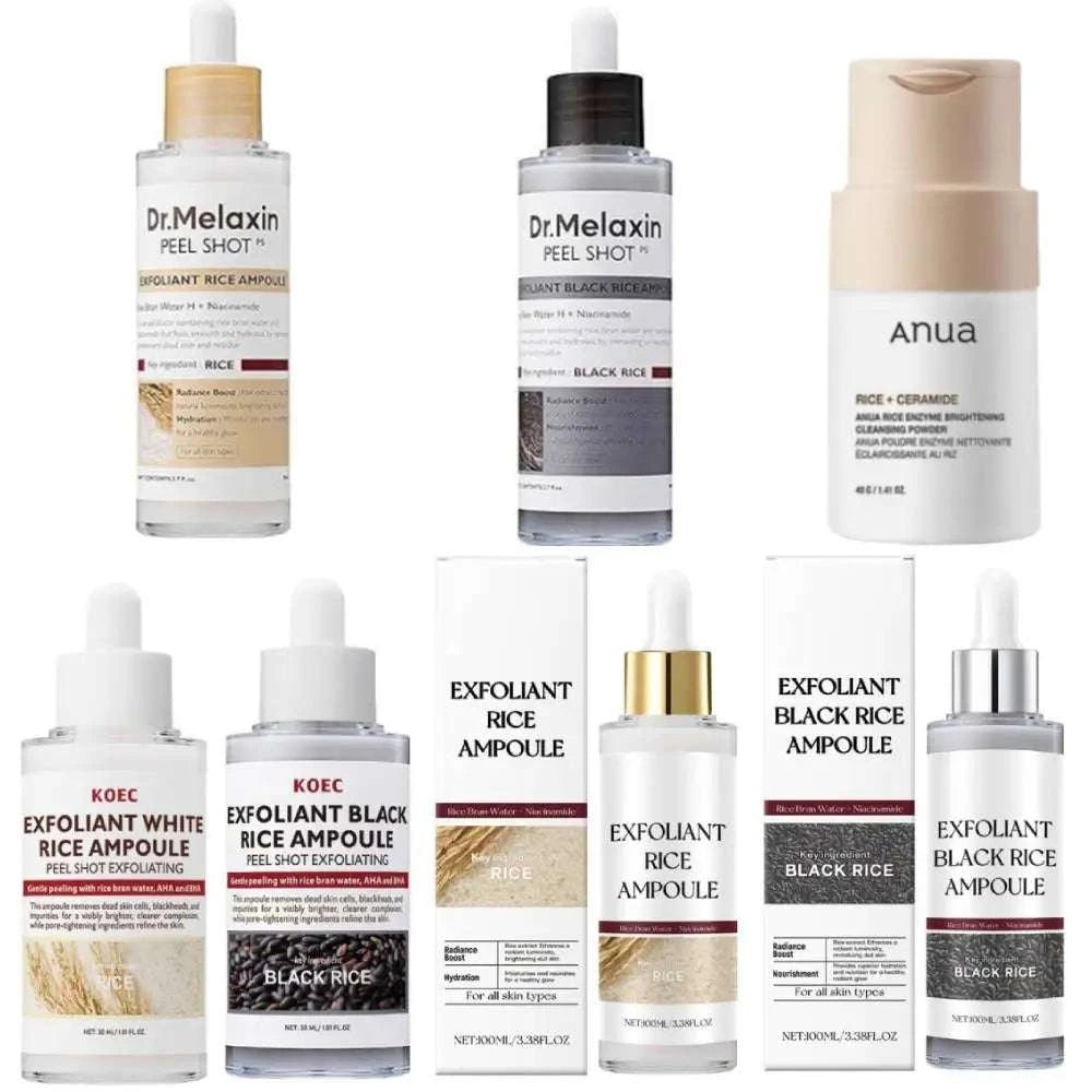 Nomilora Rice Shot™ moisturizing toner with rice and black rice exfoliant ampoules for deep hydration and skin barrier repair