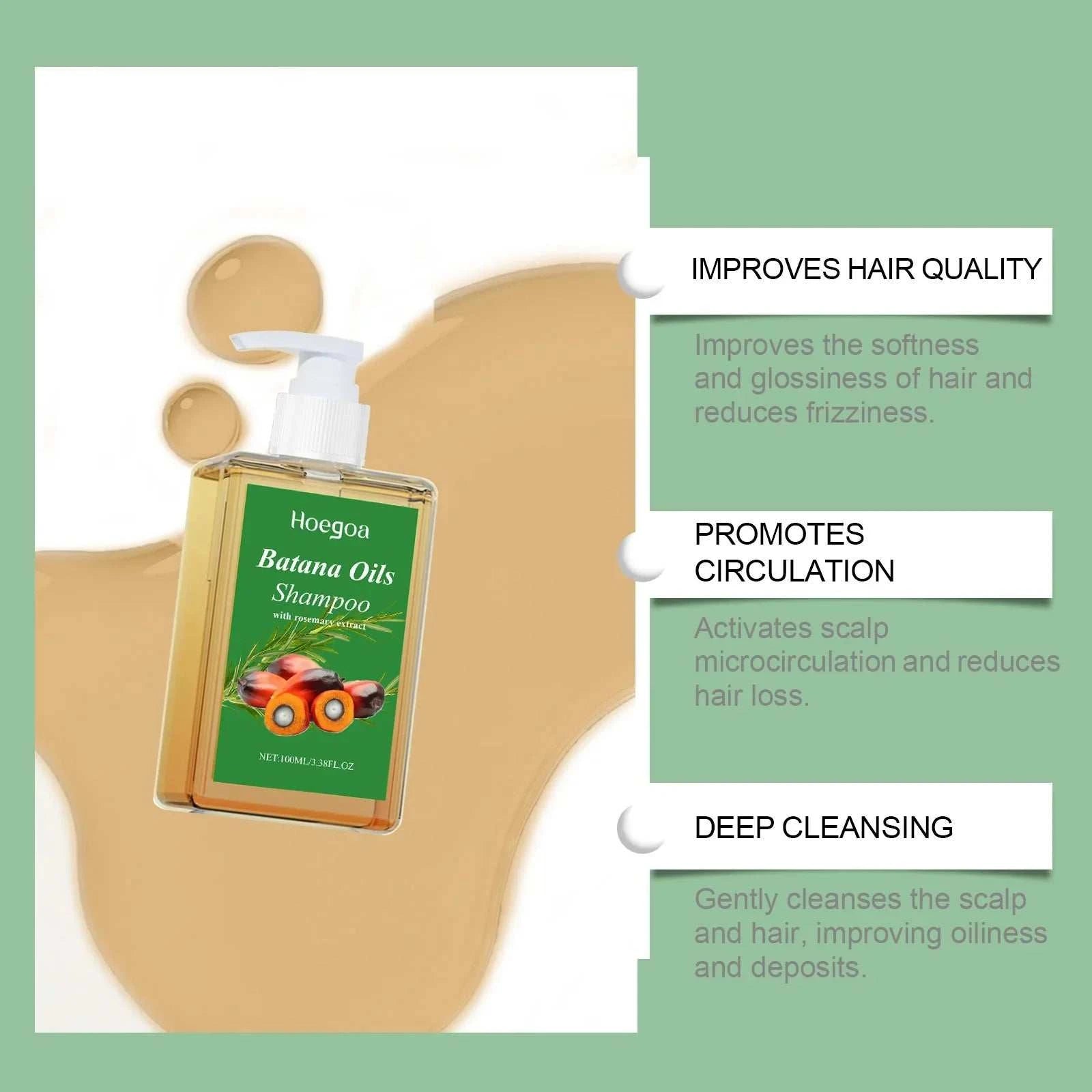 Nomilora Batana Oil Shampoo bottle on a green background with benefits listed.