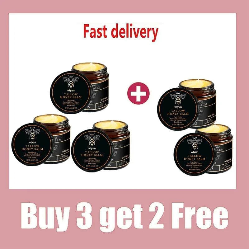 Nomilora Beef Tallow Honey Balm jars with promotion: Buy 3 get 2 Free and Fast delivery offer.
