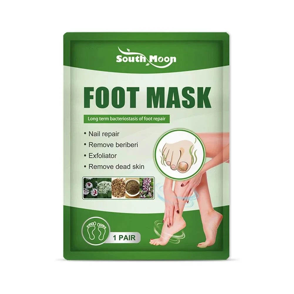 South Moon Foot Mask for nail repair, exfoliation, and dead skin removal, featuring images of feet and natural ingredients.