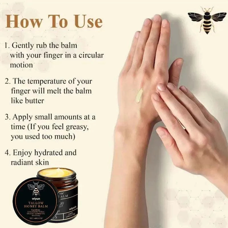 How to use Nomilora Beef Tallow Honey Balm steps for hydrated skin and smooth application.