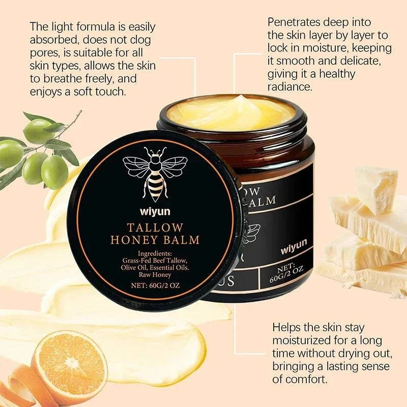 Nomilora Beef Tallow Honey Balm in a jar, showcasing its moisturizing properties and natural ingredients for healthy skin.