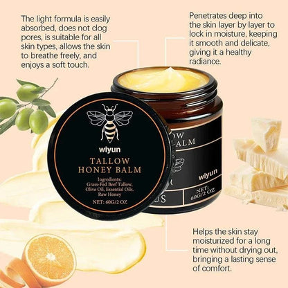 Nomilora Beef Tallow Honey Balm in a jar, showcasing its moisturizing properties and natural ingredients for healthy skin.