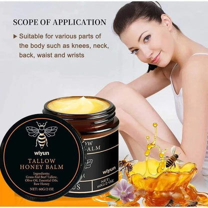 Nomilora Beef Tallow Honey Balm on display with a model applying it, showcasing its moisturizing properties.