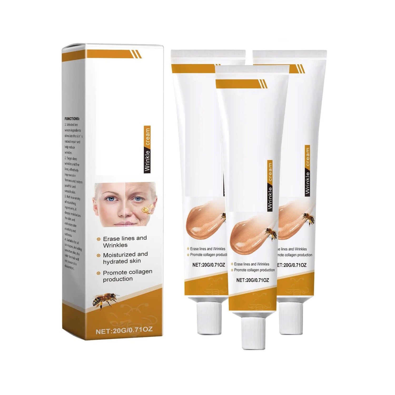Nomilora Facial Care Cream in three tubes, promoting hydrated and youthful skin, anti-wrinkle effects.