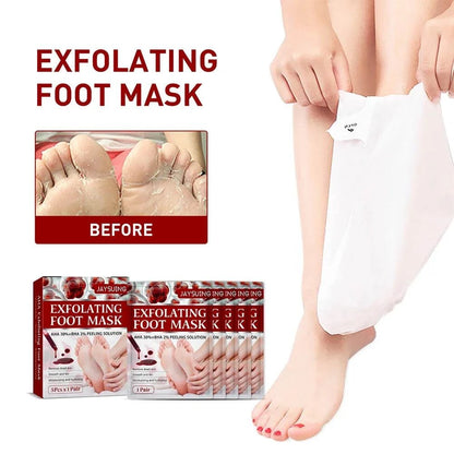 Nomilora Exfoliating Foot Mask before and after showing feet in a foot mask and product packaging