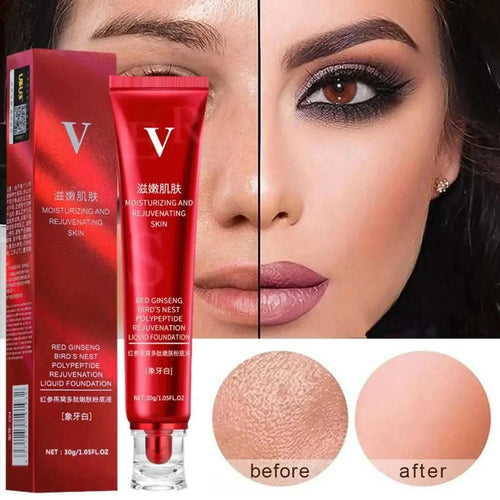 Nomilora FV Foundation moisturizing and rejuvenating liquid foundation with before and after skin coverage comparison