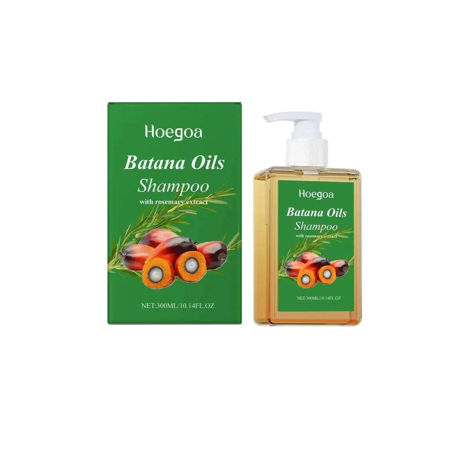 Hoegoa Batana Oil Shampoo with rosemary extract for hair growth and moisturizing in 300ml bottle and green packaging